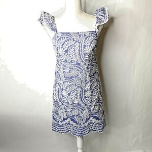 Alice + Olivia Eyelet Embroidered Dress Blue White Square Neck Flutter Sleeve 2